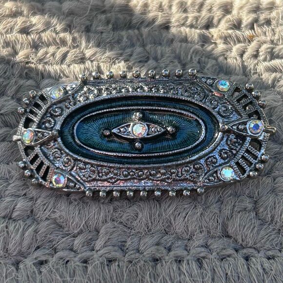 Vintage 1928 Brand Black & Green Enamel Rhinestone Brooch OS Silver-tone Oval - Picture 4 of 8